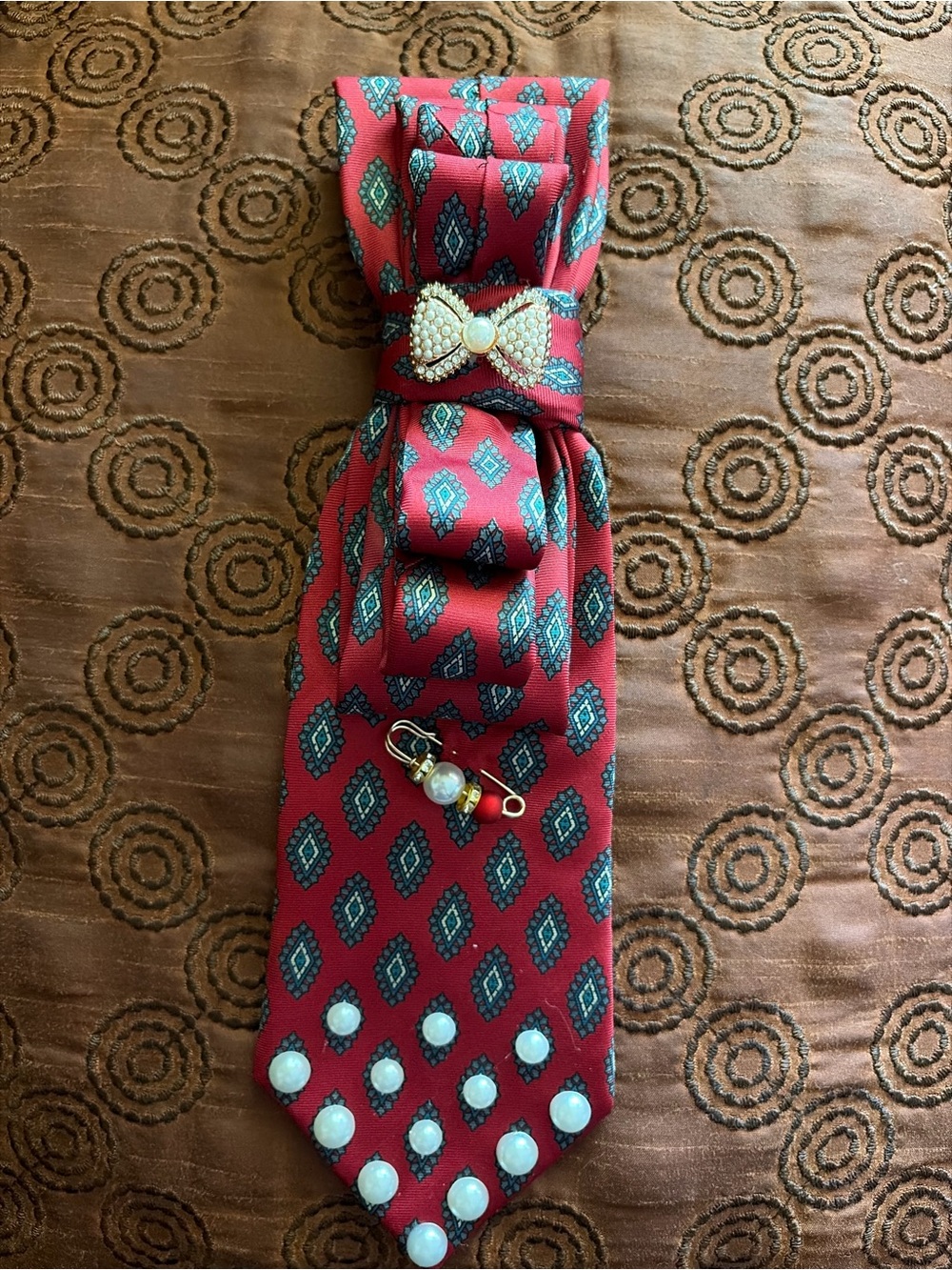 Classic Red Patterned Necklace Tie with Pearl Accents